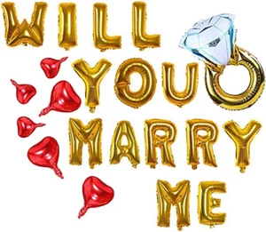 Will You Marry Me Letter Balloons Banner, 16Inch Gold Letter Foil Balloons Red H - Picture 1 of 12