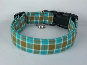 Brown Aqua White Plaid Terri's Dog Collar custom adjustable charming fabric boys - Picture 1 of 13