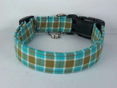 Brown Aqua White Plaid Terri's Dog Collar custom adjustable charming fabric boys - Image 1 of 3