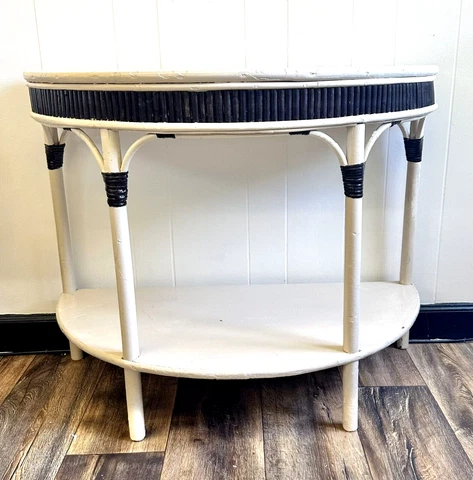 Antique Demilune Half Moon Entry Console Table Patio Wood Rattan Beige Black Cover
