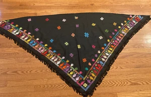 All-Season Black Cotton Hand Embroidered Black Fringed Scarf-Shawl 39"x80" EUC - Picture 1 of 7
