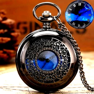 Vintage Blue Starry Quartz Pocket Watch Precise Timekeeping Hollow Design Gift - Picture 1 of 4
