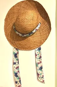 Vintage Country Farmhouse Gardening Decorative Straw Hat/Blue Floral Fabric Ties - Picture 1 of 4