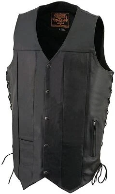 MEN'S MOTORCYCLE TALL SIZES CLASSIC BLACK COWHIDE LEATHER 10 POCKET VEST - SAKV - Image 1 of 4
