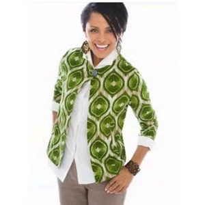 Chico's Green Ikat Print Linen Blazer Jacket Sz 0 Small One Button Modern Boho - Picture 1 of 8