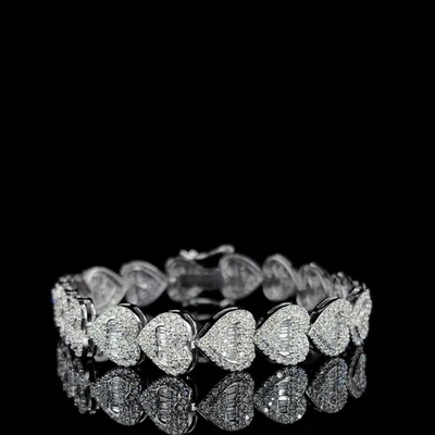 12 Ct D White Baguette,Round Heart Moissanite Diamond Bracelet Silver  7 Inch - Image 1 of 4