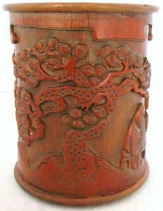 Antik ? Chinesischer geschnitzter riesiger Bambus Pinseltopf mit Gelehrten & Kiefern (6,45") - Bild 1 von 12