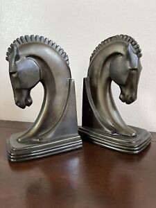 Pair of Vintage Dodge Bronze Trojan Chess Horse Bookends 1930's Art Deco MCM