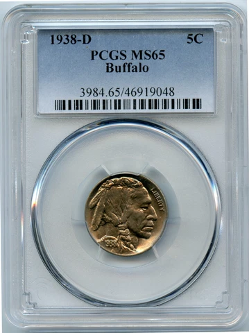 Genuine 1938 D PCGS MS65 Buffalo Nickel 5c Cover