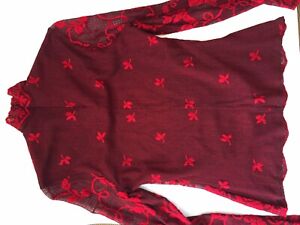 K2C Vintage Red Black Lace Womens Top Small Stretch High Neck Romantic