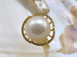 S1992 Anillo Real 13mm Redondo Perla Blanca Plata de Ley Tamaño Ajustable - Imagen 1 de 2