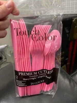 Candy Pink Heavy Duty Plastic Cutlery Assort. 24 Pack Tableware Party Supplies - Image 1 of 2