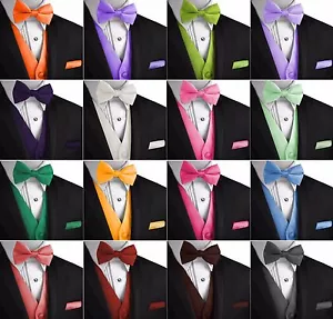 Men's Solid Satin Tuxedo Vest, Bow-Tie & Hankie Set. Formal Casual Wedding Prom - Picture 1 of 29