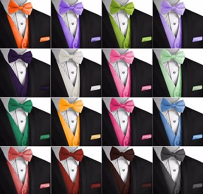 Men's Solid Satin Tuxedo Vest, Bow-Tie & Hankie Set. Formal Casual Wedding Prom - Image 1 of 2