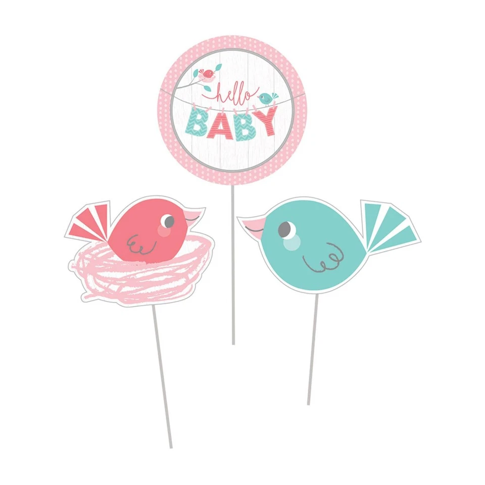 Hello Baby Girl Bird Flower Heart Baby Shower Party Decoration Centerpiece Stick - Image 1 of 1