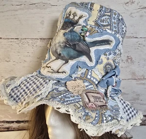 OOAK Magnolia Boho Indie Tall Top Hat Floppy Quilted Appliques Distressed Art M - Picture 1 of 18