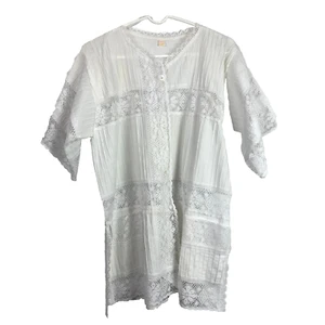 Blusa túnica blanca boho de encaje floral étnica mexicana vintage talla 38 - Imagen 1 de 5