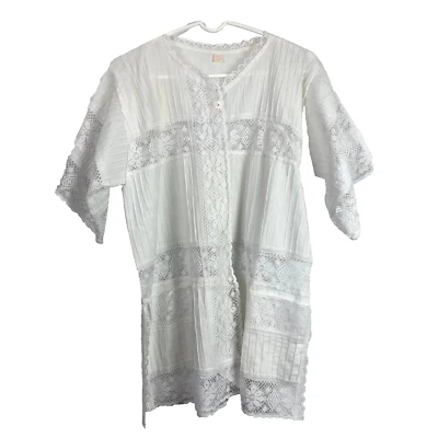 Vintage Mexican Ethnic Floral Lace Boho White Blouse Tunic Shirt Size 38 - Image 1 of 4