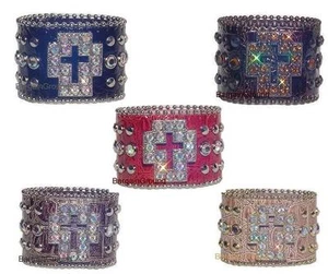 Rhinestone Bling Crystal Croco Cross Leather Bracelet Cuff - Picture 1 of 6