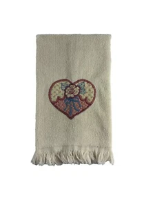 Vintage Handtuch Herz Applikation Cottagecore rosa blau Blume Schleife Fransen - Bild 1 von 4