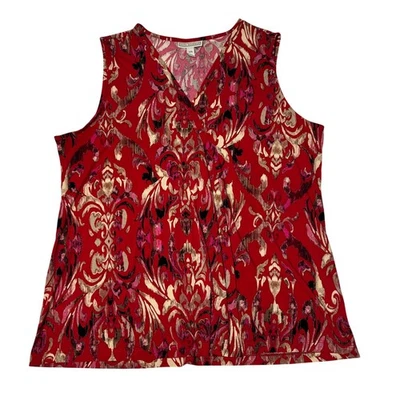 Blusa Dana Buchman Roja Abstracta Sin Mangas XXL Elastizada Cuello en V Drapeada Top Foto 1 de 4