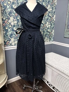 Navy Blue Eyelet Summer Wrap Dress Size 12 Dots Classic 100% Cotton - Picture 1 of 16
