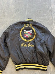VINTAGE Cadillac Dunbrooke Satin Bomber Jacket Men’s Large Black 80s Made in USA - Picture 1 of 6