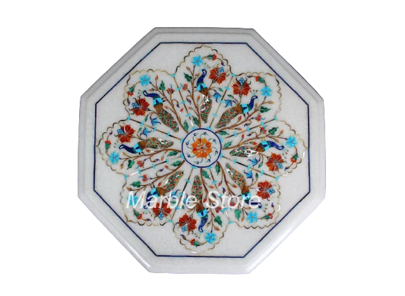 15" White Marble Side/End Table Top Pietra Dura Floral Inlay Art Handmade Work - Image 1 of 1