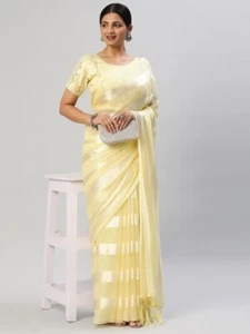 STRIPED SATIN SAREE WEDDING ETHNIC SAREE SARI BOLLYWOOD SARI BLOUSE INDIAN WOMEN - Picture 1 of 7