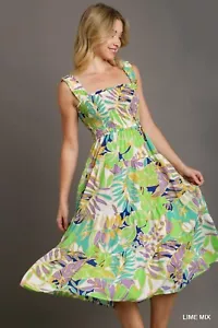 Umgee Multi Tropical Print Smocked Tiered A-Line Dress Elastic Strap Sleeves - Picture 1 of 3