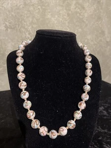 Vintage White Murano Beads Handmade Flowers Pink Green Gold Necklace 18 Inch - Picture 1 of 12