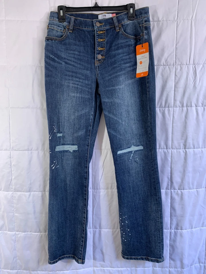 Women's Cabi Button Fly Straight Jeans Destressed Size 8 #6068