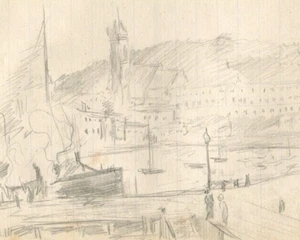 Vintage Pencil Original Drawing Landscape of Torquay, Docks, Boats - Picture 1 of 8