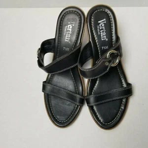 VERTAN Black Leather Italian Womens 7.5  Open Toe Slip on Wedge Sandals MSRP $75 - Picture 1 of 5