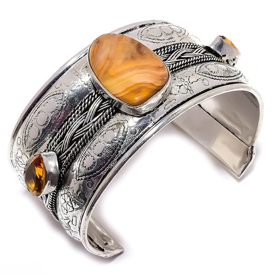 Brazalete ajustable de plata 925 con piedras preciosas de citrino y jaspe de paisaje R-794 Foto 1 de 1