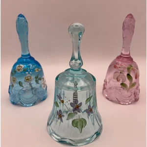 Vintage Hand Painted Fenton Anniversary Bells Floral Bows & Drapes Signed Set 3 - Picture 1 of 13