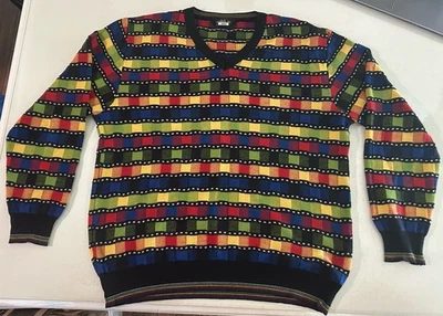 VINTAGE Montechiaro Sweater Mens Large Colorful Checks V-Neck Textured Italy 90s - Image 1 of 4
