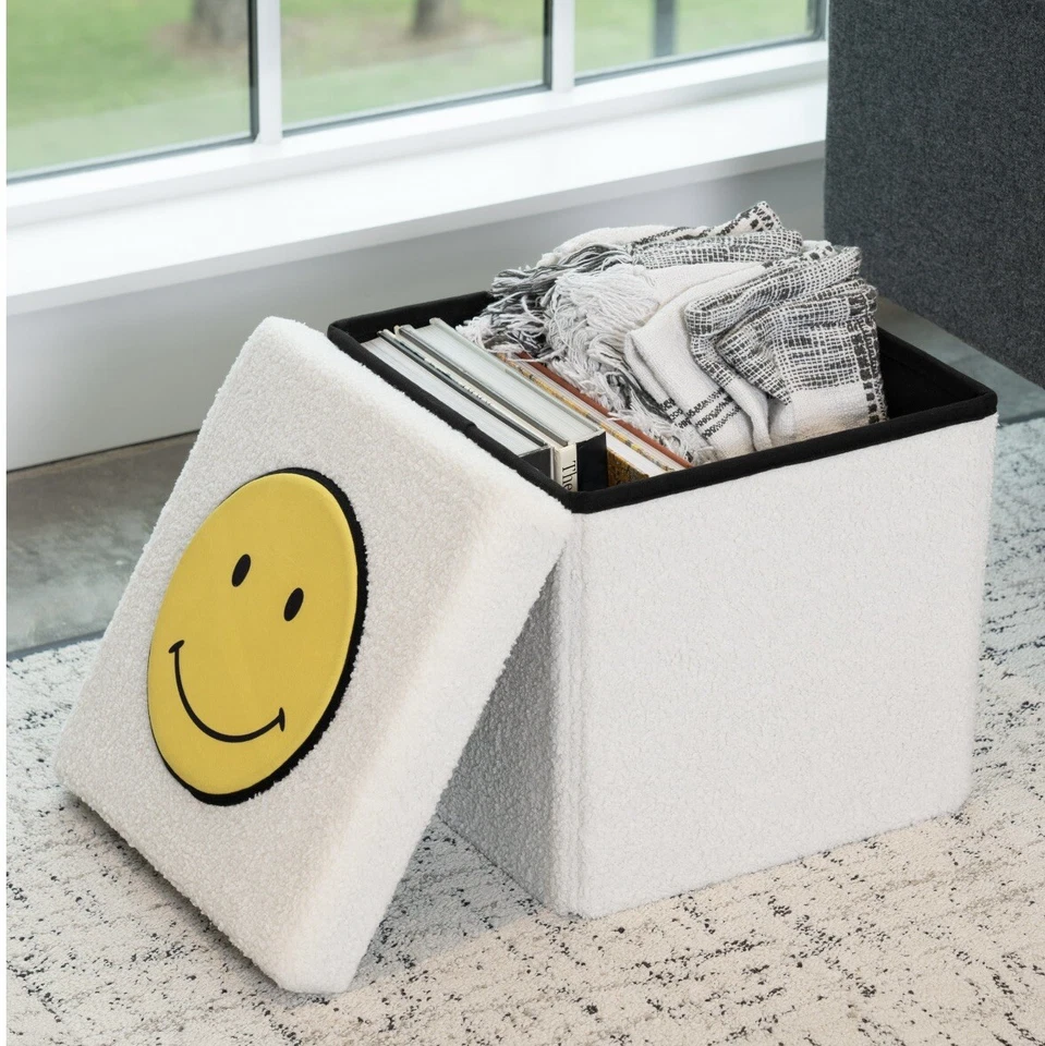 Otomana de almacenamiento plegable, blanca con cara sonriente amarilla Foto 1 de 4