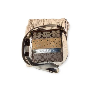 Coach Signature Crossbody Bag Fob MultiFabric Khaki Suede Leather Jacquard Clean - Picture 1 of 10