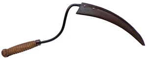 Scythe Sickle Wood Handle Green Paint VTG Grass Corn Knife Primitive Farm Tool - Picture 1 of 9