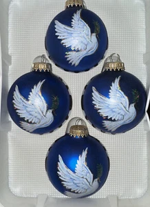 SET of 4 KREBS XMAS GLASS ORNAMENT DOVES BLUE & GOLD  2.5" Made In USA - Picture 1 of 4