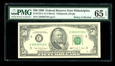 DBR 1990 $50 FRN Philadelphia Gem Fr. 2124-C PMG 65 EPQ Serial C35030719A - Image 1 of 2