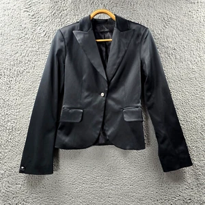George Womens Crop Blazer Jacket Size 6 Black Satin Long Sleeve Collared - Picture 1 of 14