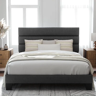 Queen Full King Size Platform Bed Frame with Fabric Upholstered Headboard Wooden