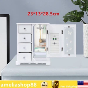 Women Gift Jewelry Wood Box 4 Drawers Organizer Velvet Built-in Mirror Bedroom - Picture 1 of 12