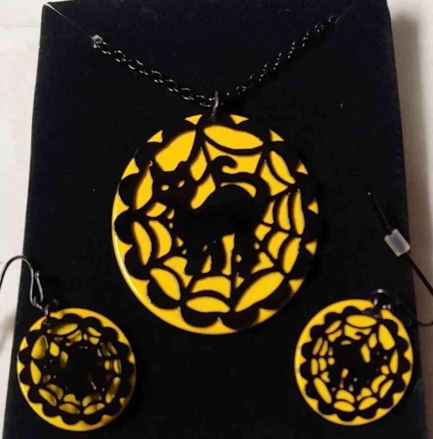 NOS 2012 Avon Neon Halloween Black Cat & Spider Web Necklace Earrings Set