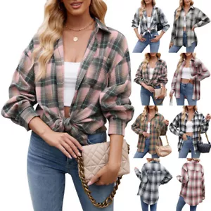 Ladies Check Blouse Casual Long Sleeve Shacket Tops Shirt Button Baggy Plus Size - Picture 1 of 37