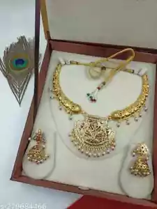 Set gioielli orecchini collana da sposa girocollo Kundan placcato oro indiano Bollywood - Foto 1 di 5