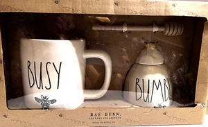 NEW Rae Dunn Artisan Collection Busy Bee/Bumble Bee Honey Pot Set White/Black - Picture 1 of 9