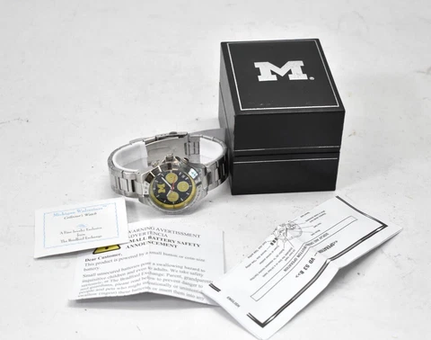 Michigan Wolverines Mens Watch Silver w Compass Outer Layer By Bradford Exchange Cover